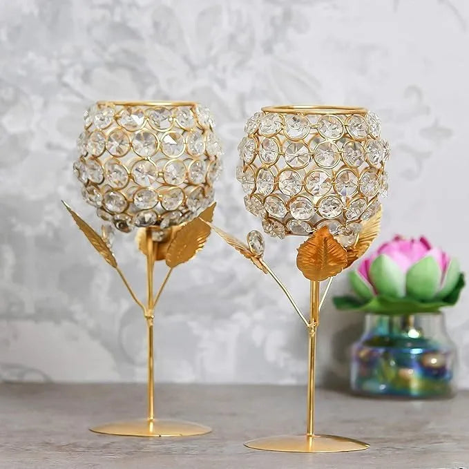 Glass With Leaf Shape Crystal Tea Light Holder (Set of 2)