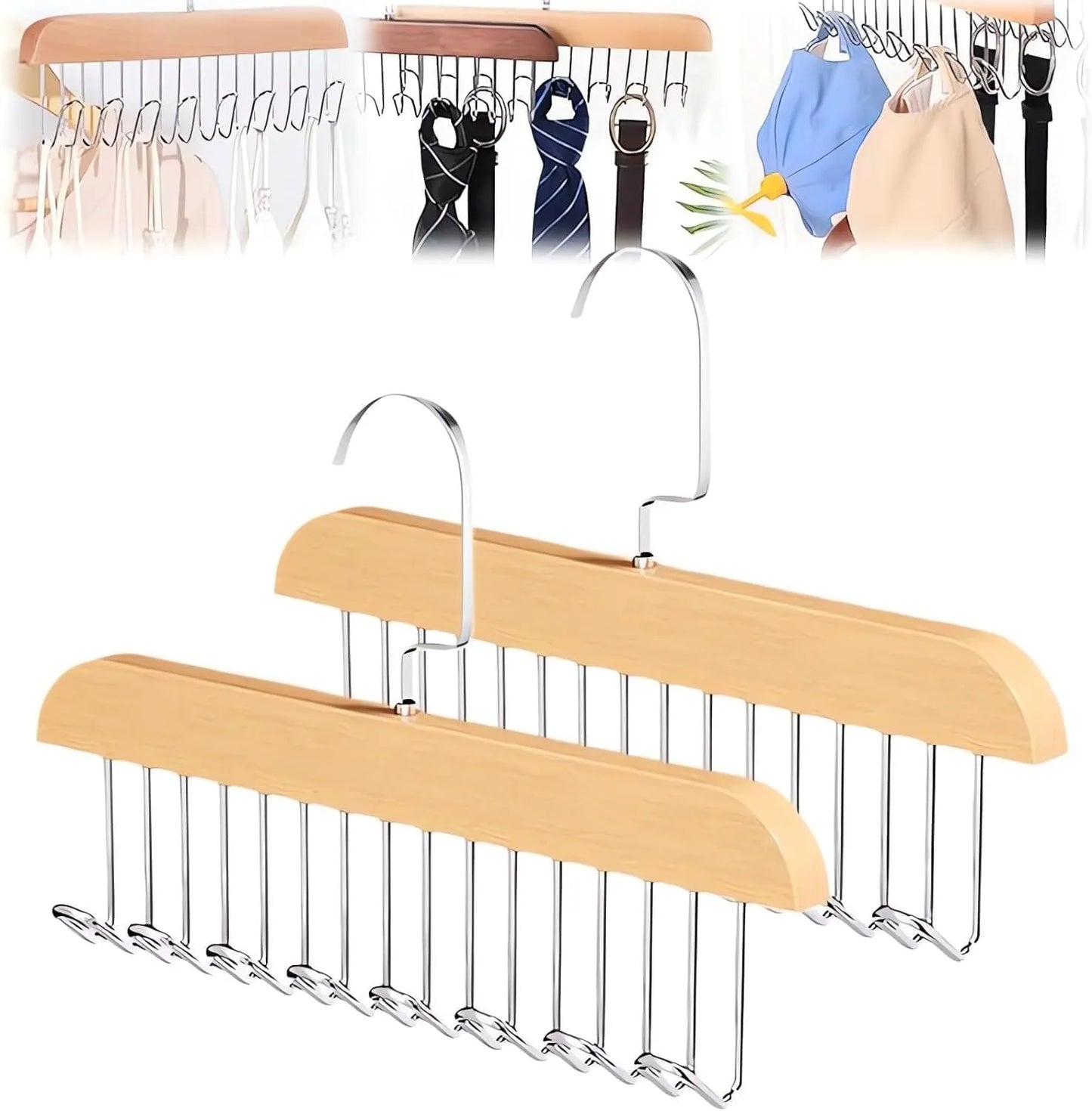 Multifunctional Wooden Hanger with Metal Hooks (Pack of 2)