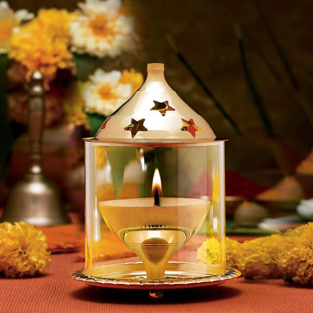 Brass Akhand Diya with Borosilicate Glass for Puja Home Temple Oil Lamp Tea Holder