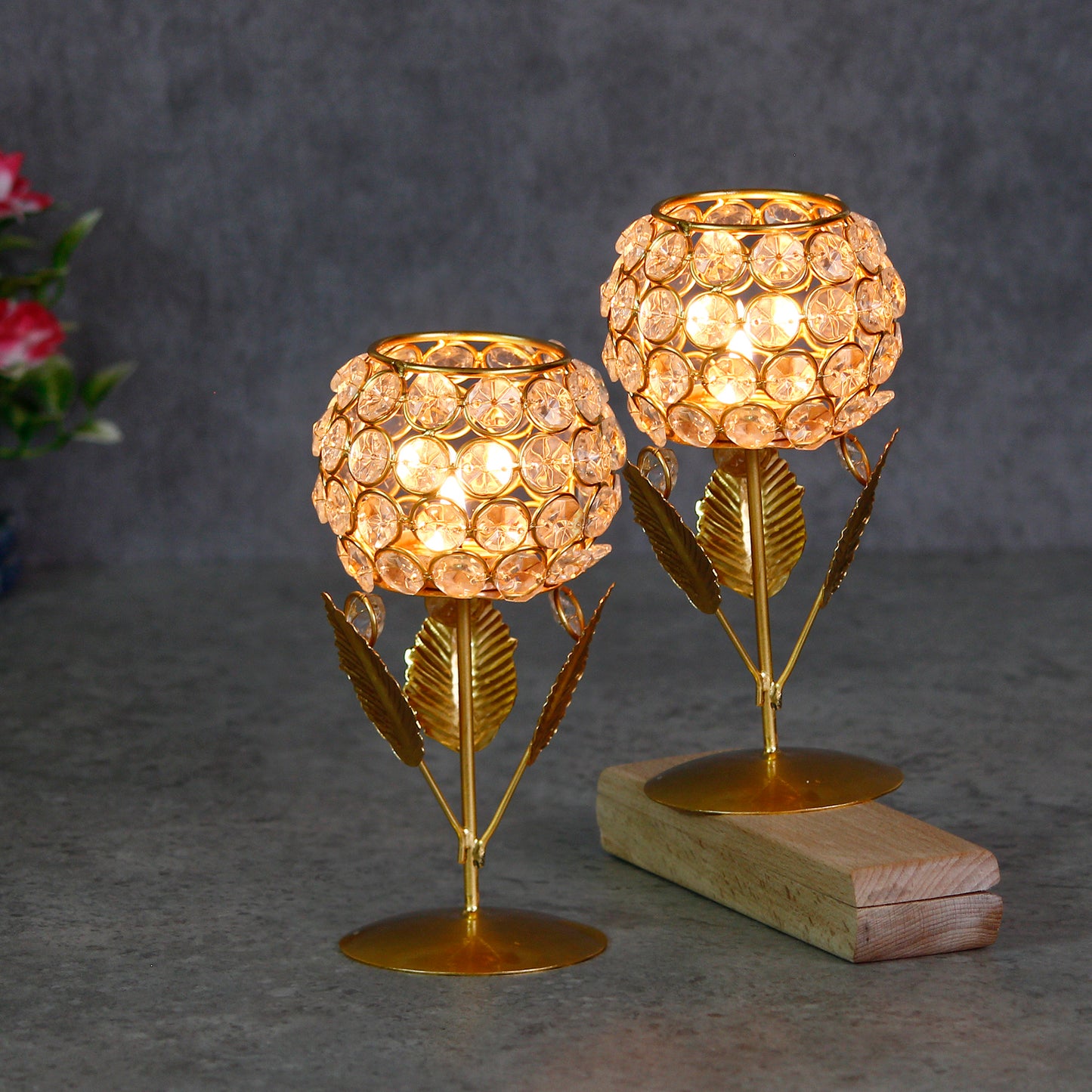 Glass With Leaf Shape Crystal Tea Light Holder (Set of 2)