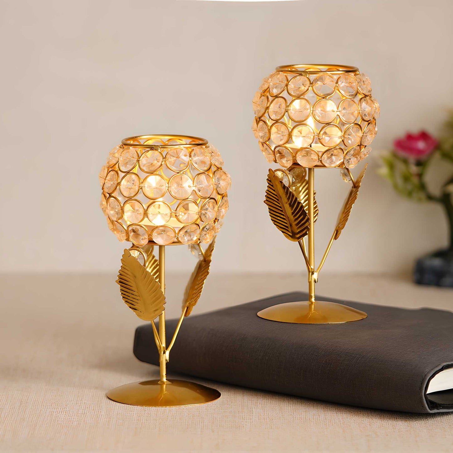 Glass With Leaf Shape Crystal Tea Light Holder (Set of 2)