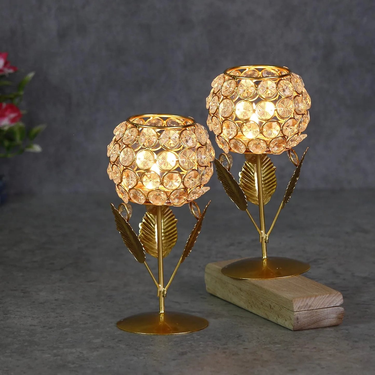 Glass With Leaf Shape Crystal Tea Light Holder (Set of 2)