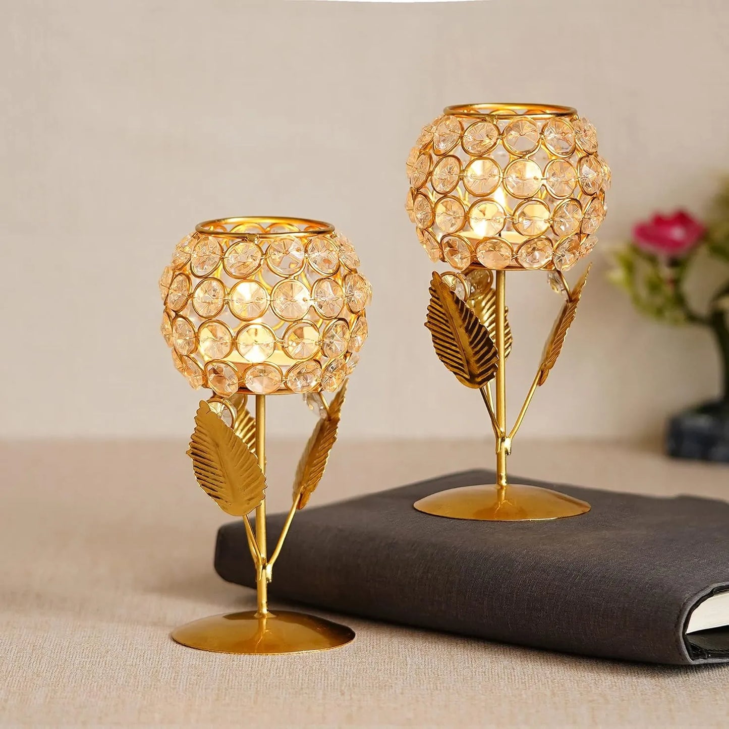 Glass With Leaf Shape Crystal Tea Light Holder (Set of 2)