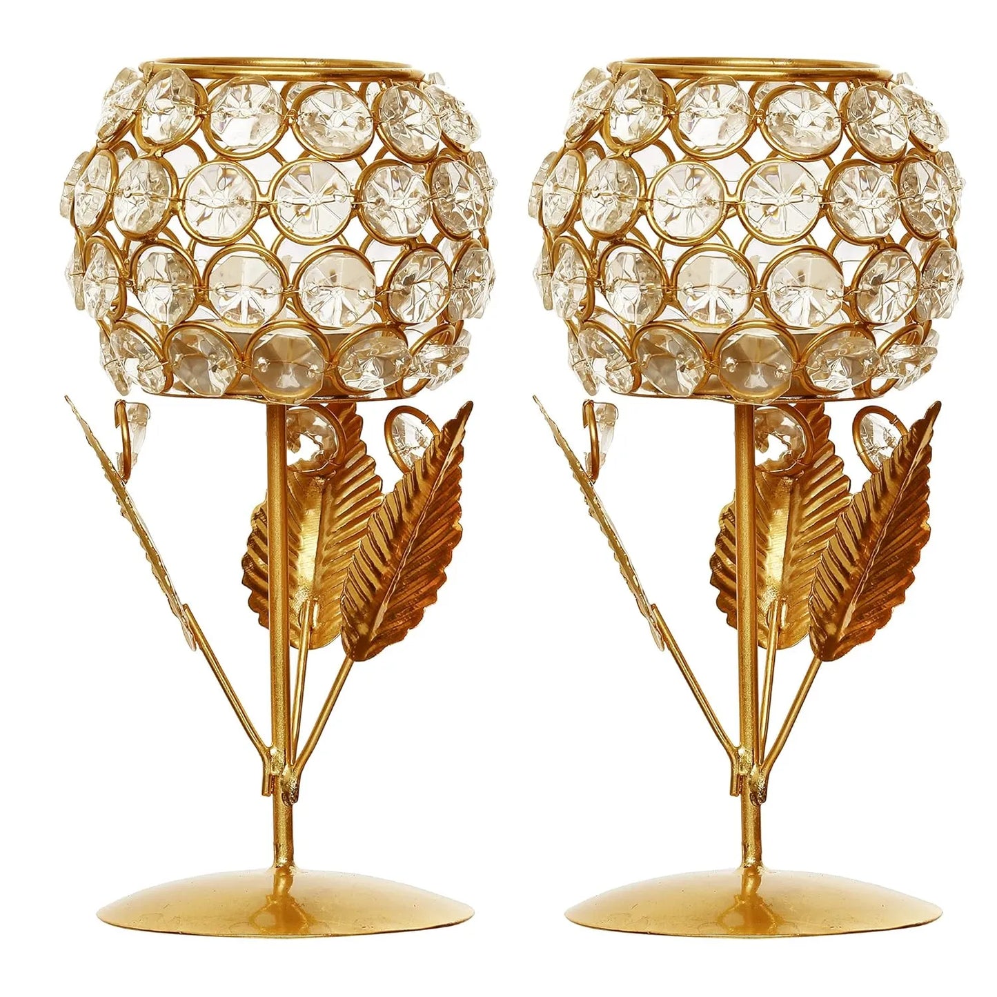 Glass With Leaf Shape Crystal Tea Light Holder (Set of 2)