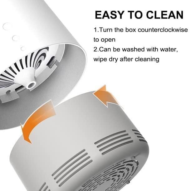 White rectangular air purifier with instructions on cleaning displayed on control panel, including illustrations of air inlet grille, pre-filter, HEPA filter, and activated carbon filter.