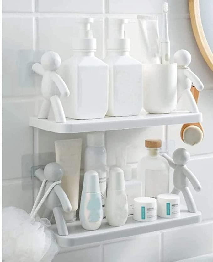 A bathroom shelf filled with various toiletries, including toothbrushes, lotions, soaps, and mouthwash in different colors and shapes.