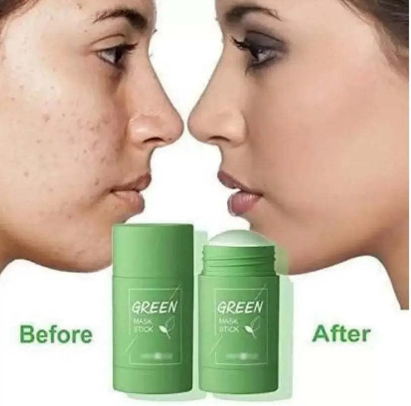 a woman with acne on her face and a green stick in front of her.