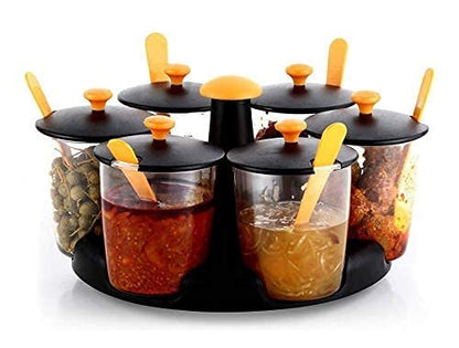 360 Degree Revolving Pickle Jar Set For Dining Table - 6 Pcs 300ml