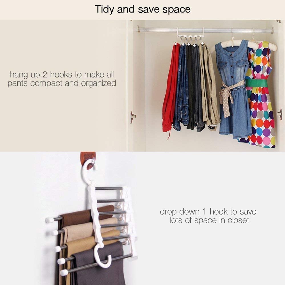 Hanger- 5 Layer Hanger Space Saving Non-Slip Cloth Organizer , 5 In 1 Multifunctional Layer Pant Rack For Trouser Scarf And Travel Storage