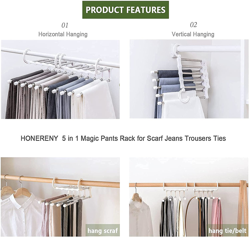 Hanger- 5 Layer Hanger Space Saving Non-Slip Cloth Organizer , 5 In 1 Multifunctional Layer Pant Rack For Trouser Scarf And Travel Storage