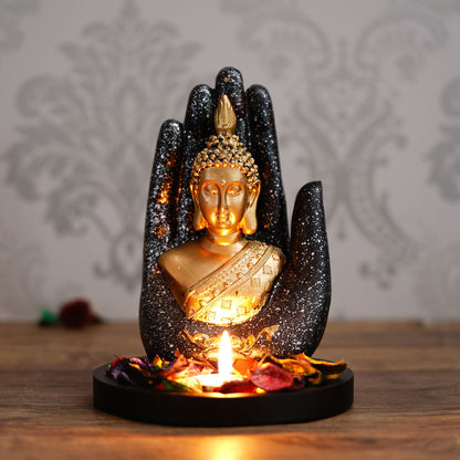 Elegant Palm Buddha with Tealight & Wooden Base