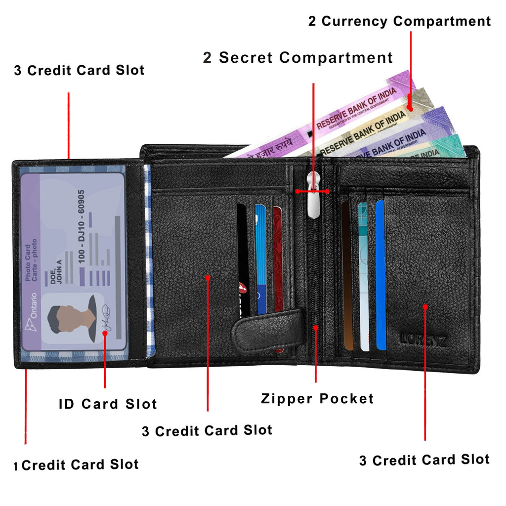 Lorenz Black Textured Men's Genuine Leather RFID Blocking Large Capacity Wallet