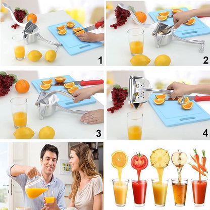 Step-by-step visual guide to making juice, from cutting fruit to blending and pouring, shown in a grid pattern with some images larger than others.