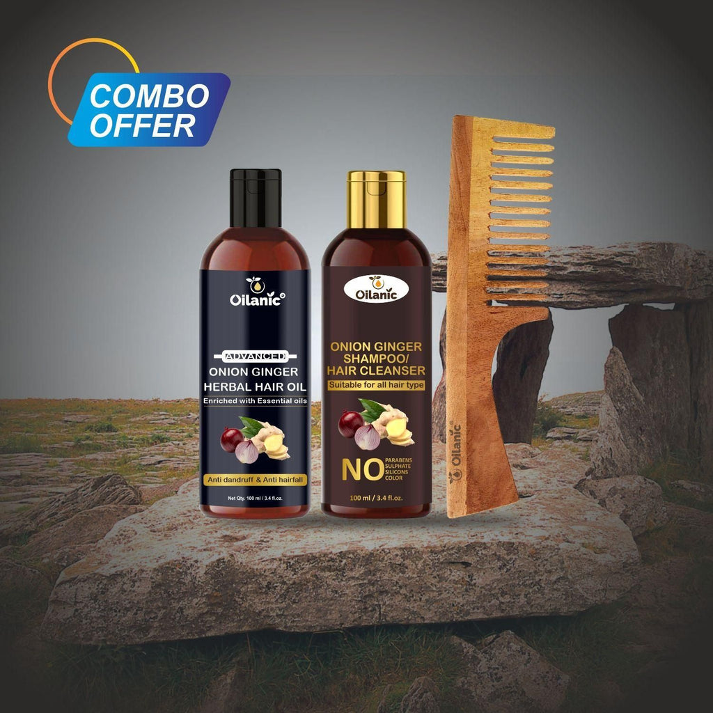 Herbal Onion Ginger Hair Shampoo and Oil with Wooden Comb