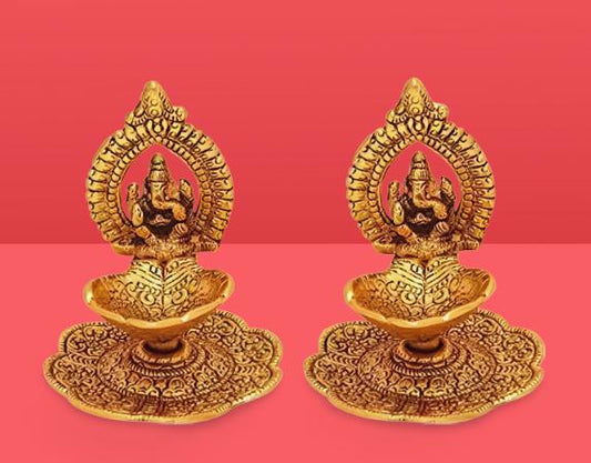 Oxide Metal Decorative Ganesh Ji Showpiece with Oil Lamp Diya Buy 1 Get 1 Free!