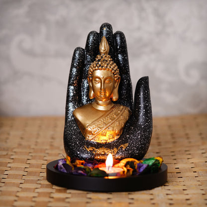 Elegant Palm Buddha with Tealight & Wooden Base