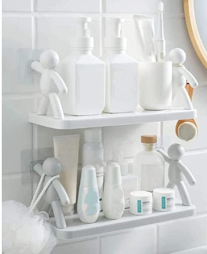 A bathroom shelf filled with various toiletries, including toothbrushes, lotions, soaps, and mouthwash in different colors and shapes.