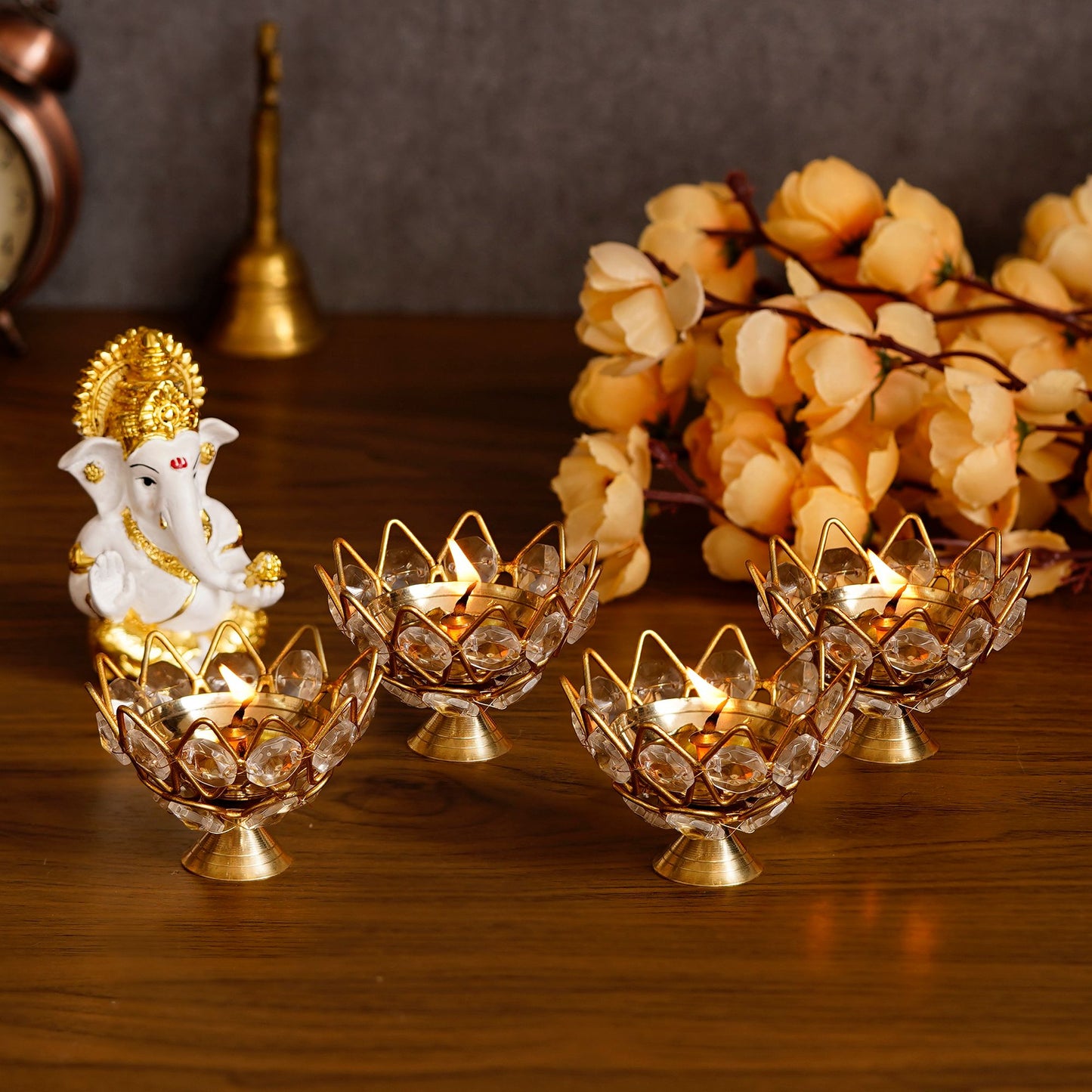 Lotus-Shaped Crystal Tealight Holders - Set of 4