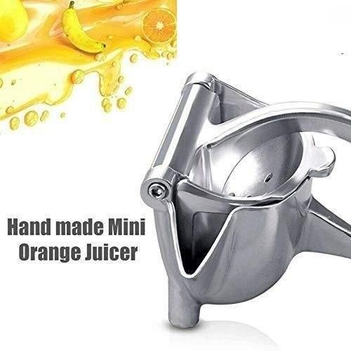 Hand-crafted mini orange juicer with wooden base and metal cone-shaped juicing mechanism, showcased from various angles and perspectives.