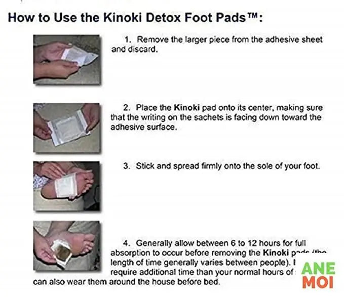 Kindle Detox Foot Pads instruction image on white background. Text in black with illustrations of feet or foot pads. Instructions in multiple locations on the image.