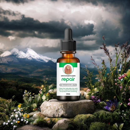 Clear bottle of Repair oil with a simple label design displayed against a serene landscape of majestic mountains. The slender cylindrical bottle has a silver cap and dropper attached to its neck. The overall impression is one of natural beauty and purity, suited to the product's intended use.